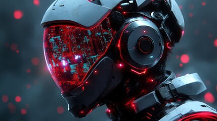 Futuristic robot with illuminated helmet in cyberpunk style, featuring advanced technology and detailed circuitry.