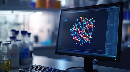 A close-up of a computer screen displaying a 3D model of a protein structure in a biochemistry lab