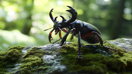 A vivid close-up of a rhinoceros beetle perched on mossy terrain, showcasing its impressive horns and iridescent body in nature.
