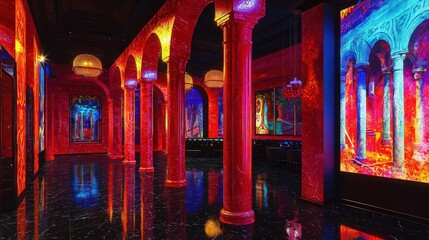 Lively Spanish Flamenco space with red columns and black granite under passionate lights.