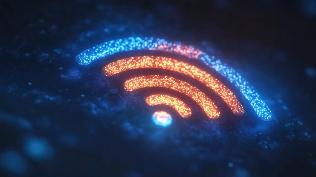 A close-up of a Wi-Fi symbol glowing against a dark background, representing wireless internet connectivity