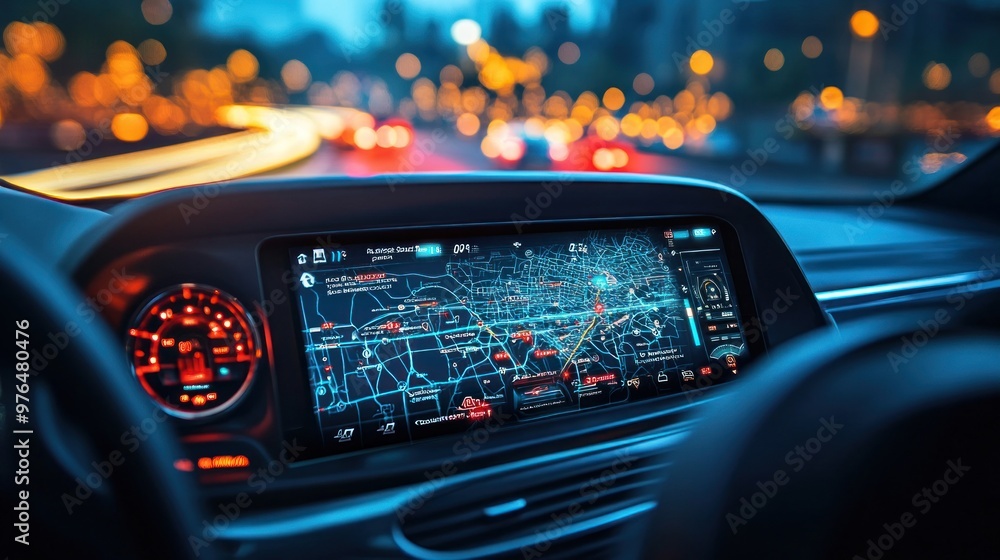 Aufkleber A detailed view of a digital display in a car dashboard showing navigation maps and speedometer readings