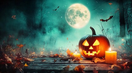 Halloween pumpkin head jack lantern with burning candles