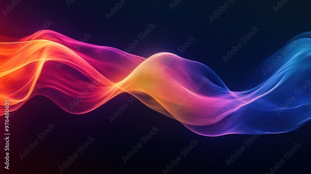 Poster an abstract wave of light in spectrum colors, undulating across the screen
