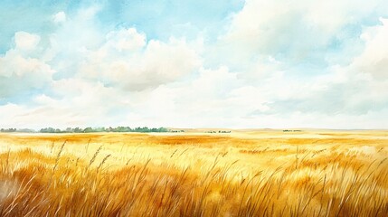 Watercolor painting of a golden field with a blue sky and white clouds.