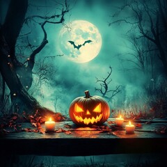 Halloween pumpkin head jack lantern with burning candles
