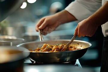 Close up of chef serving a dish in restaurant , ai