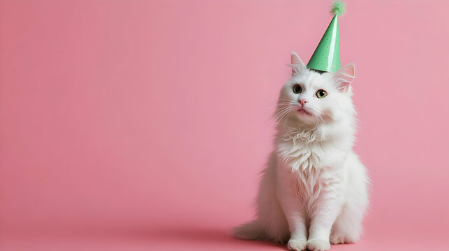 Adorable white cat wearing a green party hat against a pink background, perfect for celebrating birthdays or joyful events.
