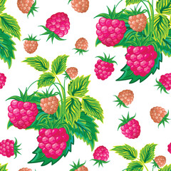 A vibrant pattern featuring pink raspberries and brown berries amidst green leaves, ideal for textiles or decorative designs.