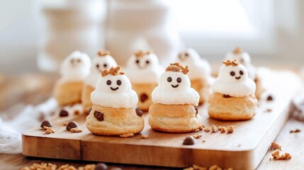 Delicious ghost themed desserts arranged on a wooden platter for a festive Halloween celebration in a cozy kitchen.
