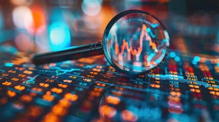 A magnifying glass over digital financial data, illustrating analysis and research in stock markets and investment strategies.