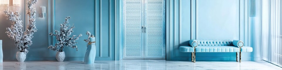 Ice blue entry with a lavish bench and ornate door, modern luxury.