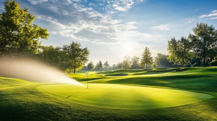 Sprinklers water green grass on a sunny day on a golf course. Watering golf courses.