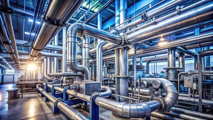 Modern factory pipe installation in industrial setting, conveying machinery, technology, and production processes