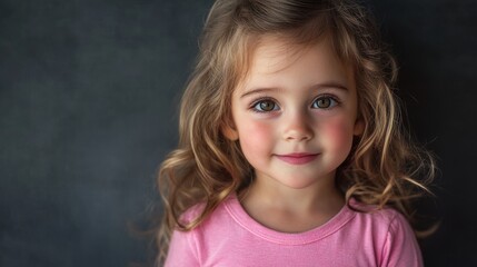 Naklejka premium Portrait of a cute cheerful preschool girl wearing pink clothes on grey background. Mar del Plata Buenos Aires Argentina. 12.05.2015