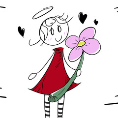 Dibujo de niña linda con vestido rojo y una flor rosa con aureola de angel