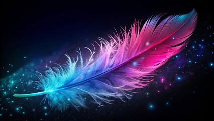 Obraz premium Vibrant pink and blue feather floating in ethereal black background with stars and dust