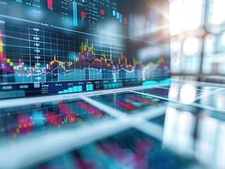 Dynamic financial data visualization with graphs and charts reflecting market trends and analytics on a modern digital interface.