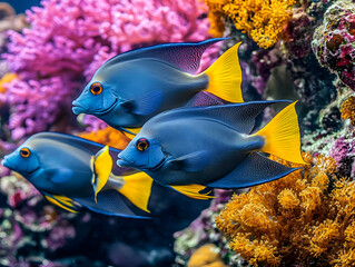 Naklejka premium Colorful fish swimming among vibrant corals, showcasing the beauty of marine life in a stunning underwater ecosystem.