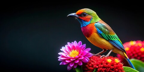 Fototapeta premium Colorful bird perched on flower next to plant with black background