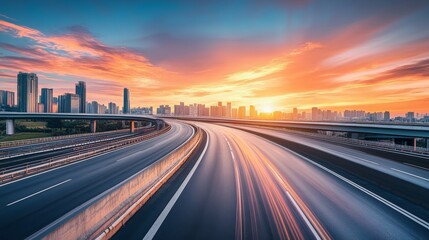 Obraz premium Highway overpass motion blur with city skyline background . Sunset scene .