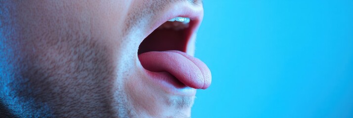 A close-up image of an open mouth and tongue under dramatic blue lighting, highlighting the texture and anatomy, evoking a sense of curiosity and intrigue in a modern context.