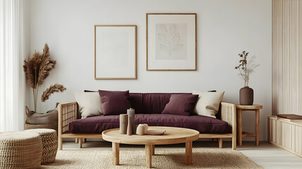 Cozy and modern living room featuring a purple sofa, wooden furniture, and decorative plants, creating a warm atmosphere.