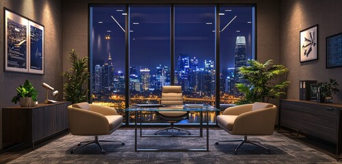 Fototapeta premium High-end chic office space with clear windows, taupe walls, and breathtaking nighttime skyline view.