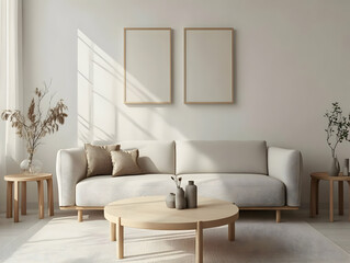 Cozy living room with minimalistic decor, featuring a comfortable sofa, wooden tables, and natural light creating a serene atmosphere.
