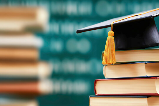 A stack of academic books topped with a black graduation cap and gold tassel, symbolizing the culmination of years of hard work and dedication, set against a blurred library backdrop.