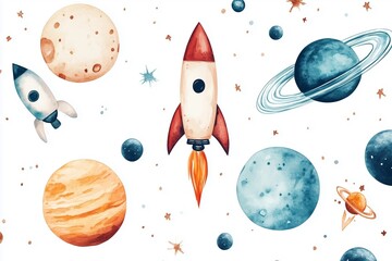 Naklejka premium Space-Themed Watercolor with Rockets, Planets, and Astronomy Symbols