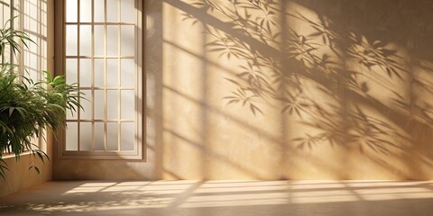 Abstract beige background with intricate shadows from window and vegetation