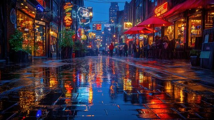 Urban Nightscape: Bustling Street Scene with Cafe, Skyscrapers, and City Lights Reflections