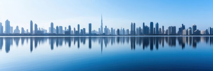 Fototapeta premium A breathtaking city skyline with modern skyscrapers reflecting in a calm body of water during sunrise, symbolizing the beauty and tranquility of urban life and architecture.