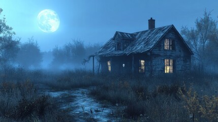 Eerie Haunted Farmhouse with Ghostly Apparition in Moonlit Yard