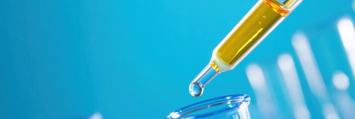 This image captures a pipette dispensing yellow liquid into a glass test tube, representing scientific research and precision in a laboratory setting with a clear blue background.
