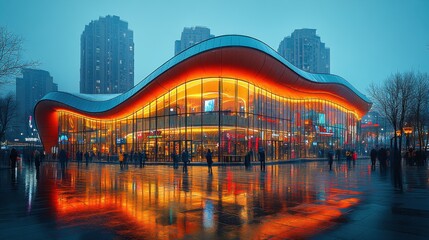 Fototapeta premium Dynamic City Square at Night: Vibrant Lights, Modern Architecture, and Energetic Atmosphere
