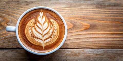 Top down view of a beautifully crafted cappuccino with intricate latte art on foam