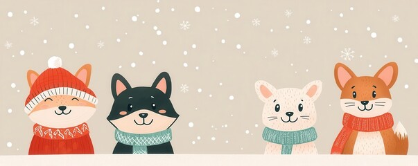 Winter animals, cozy scarves, holiday celebration, flat design illustration