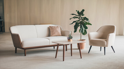 A photo of a modern living room. There's a white sofa with a wooden base, a beige chair, a small coffee table, and a potted plant. The room has a clean background with a lot of negative space.