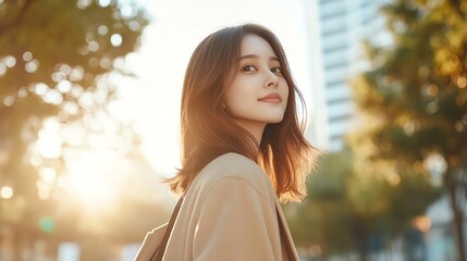 Obraz premium A young woman enjoys a sunny day in the city, showcasing natural beauty and a relaxed attitude in an urban setting.