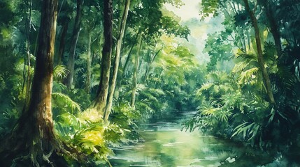 Obraz premium Watercolor painting of a lush green forest with a stream running through it.