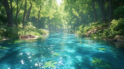 Obraz premium Serene Blue River in Lush Forest - Nature Conservation and Clean Water Concept