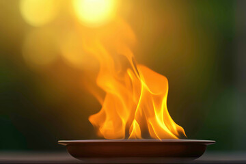A gentle flame rising from a dish, glowing in soft hues of orange and yellow, radiating warmth and energy in a tranquil, serene atmosphere, creating a peaceful yet powerful ambiance.