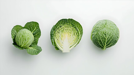Fresh green cabbage varieties displayed side by side on a clean white background.