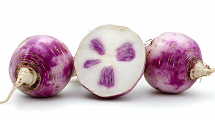 Fresh purple turnips cut in half, showcasing vibrant interior patterns. Perfect for healthy eating and vegetable recipes.