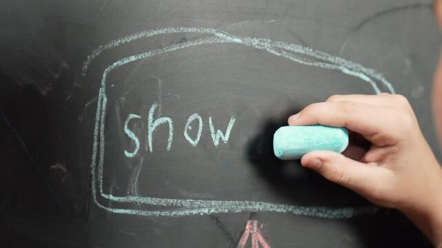 Closeup of smart student or boy hand writing prompt on blackboard. Child planing project and setting engineering system and brainstorm creative idea wrote on blackboard. Focus on hand. Erudition.