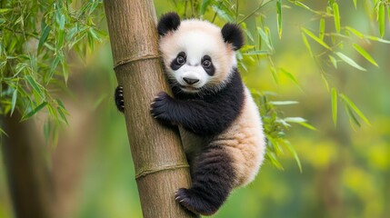 Obraz premium A cute baby panda bear climbing a bamboo tree in a lush green forest.