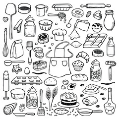 A collection of kitchen utensils, ingredients, and baked goods, illustrating the art of baking and cooking.