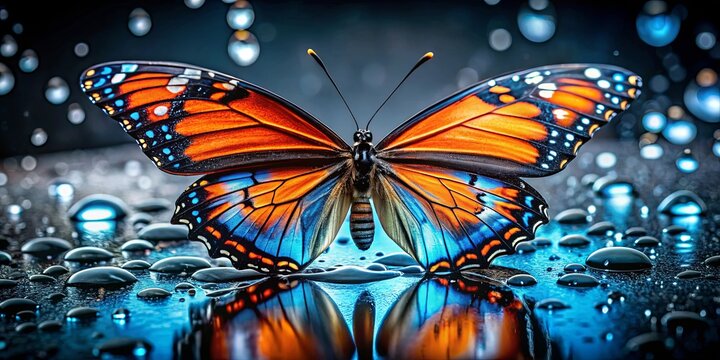 Vibrant butterfly with blue and orange wings on a reflective black surface surrounded by water droplets and bubbles